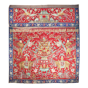 A Massive Chinese Red Ground Embroidered Silk Wall Panel, Late Qing Dynasty