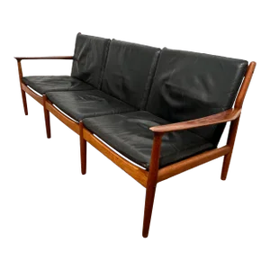 C. 1960s Svend Aage Eriksen for Glostrup Danish Teak & Leather Three Seat Sofa