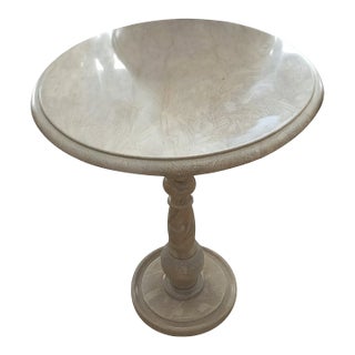 Handcrafted Beige Marble Pedestal Side Table | Round Stone Accent Table For Sale