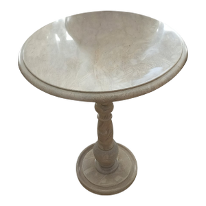 Handcrafted Beige Marble Pedestal Side Table | Round Stone Accent Table