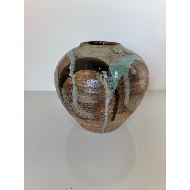 1980s Vintage Handmade Abstract Drip Glaze Design Studio Pottery Vase For Sale - Image 10 of 12