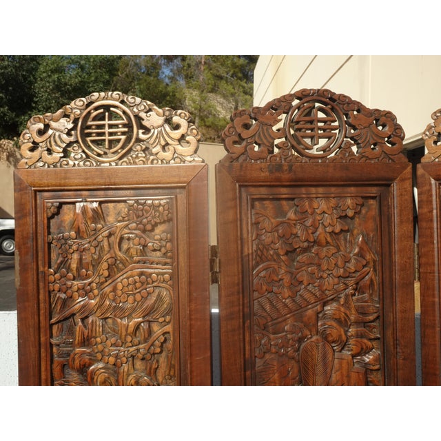 McGuire Vintage Oriental Asian Brown Hand Carved Wood Four Panel Screen ~ Room Divider For Sale - Image 4 of 17