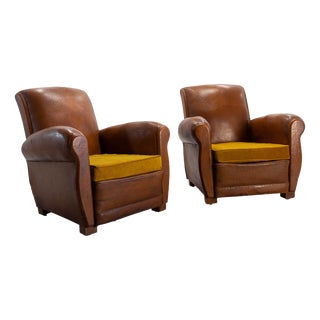 Antique French Club Armchair Fauteuil Cognac Leather and Fabric, 1930, Set of 2 For Sale