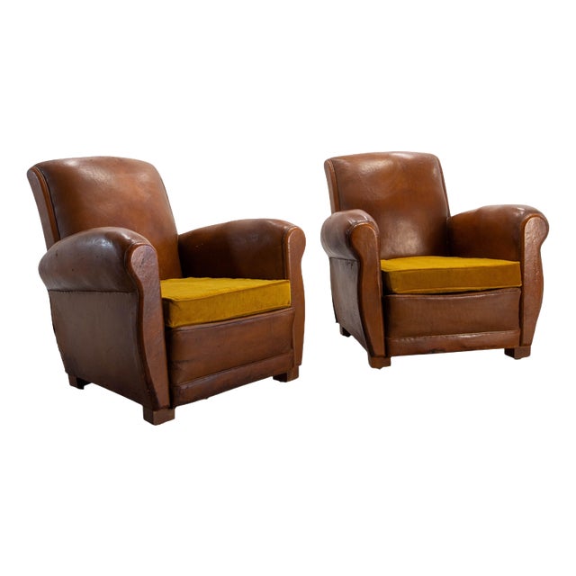 Antique French Club Armchair Fauteuil Cognac Leather and Fabric, 1930, Set of 2 For Sale