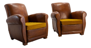 Antique French Club Armchair Fauteuil Cognac Leather and Fabric, 1930, Set of 2