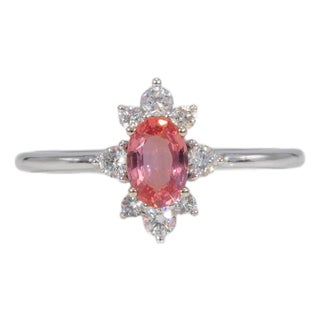 Aaa Padparadscha Sapphire Ring With Natural Diamonds: Solid 14k Gold, Oval 6x4mm, Size 6.75 For Sale
