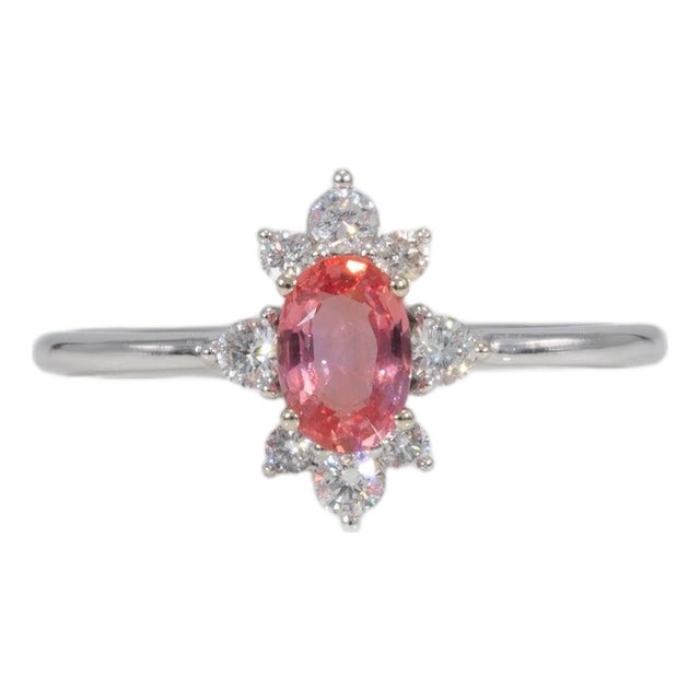 Aaa Padparadscha Sapphire Ring With Natural Diamonds: Solid 14k Gold, Oval 6x4mm, Size 6.75 For Sale
