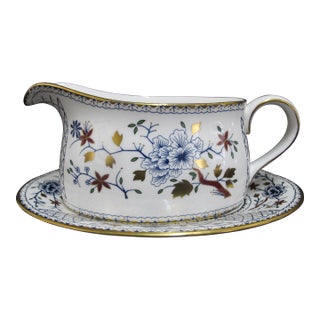 Royal Crown Derby Bone China Flower Mandarin Blue Gravy Boat Pitcher Underplate For Sale