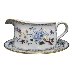 Royal Crown Derby Bone China Flower Mandarin Blue Gravy Boat Pitcher Underplate