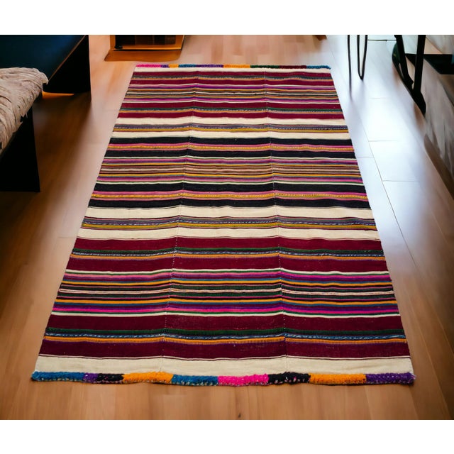 Hollywood Regency 1960s Hand Woven Colorful Kilim Striped Rug - 4′ × 6′8″ For Sale - Image 3 of 11