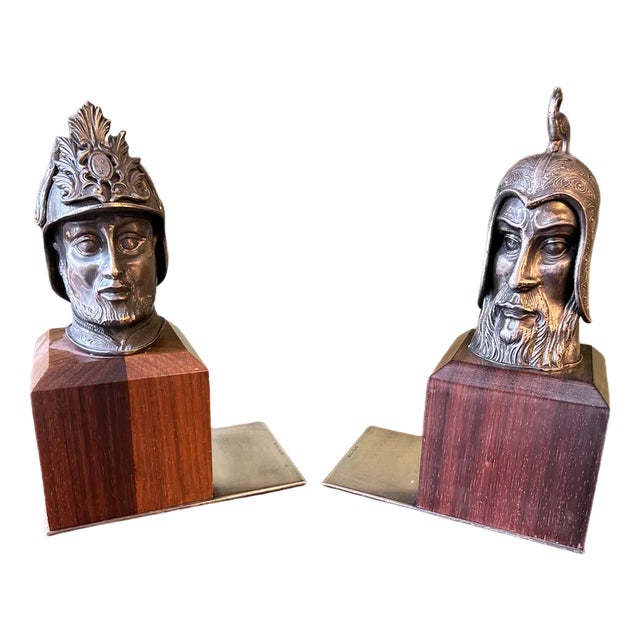 Bookends with Heads of Cenacchi Knights in Wood, Pewter and Silver, Set of 2 For Sale