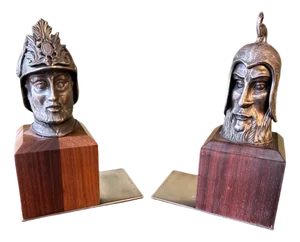 Bookends with Heads of Cenacchi Knights in Wood, Pewter and Silver, Set of 2