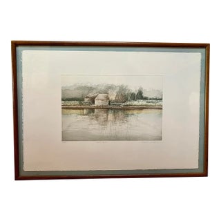 1980's Original Artist Signed Lithograph Print on Handmade Paper Titled 'Water Barn', Framed For Sale