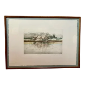 1980's Original Artist Signed Lithograph Print on Handmade Paper Titled 'Water Barn', Framed