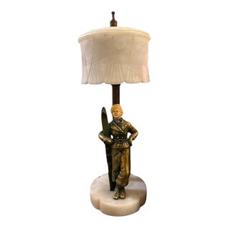 1940s Boudoir Lamp With Skier and Carved Marble Shade For Sale
