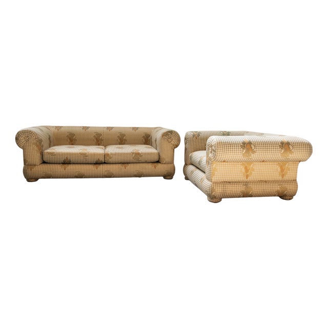 Set of 3-Seater Sofa and Silk Armchair by Tommaso Barbi, 1970s For Sale