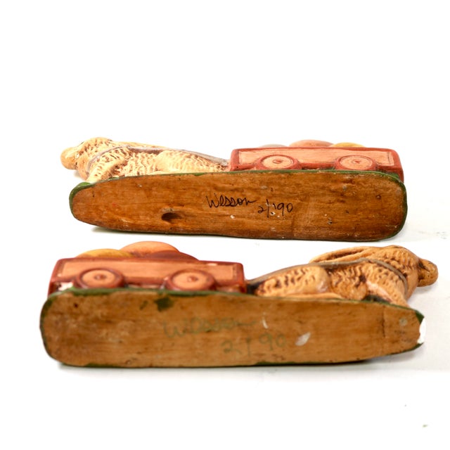 Vintage Wesson Folk Art Chalkware Bunny Rabbits Pushing Cart of Eggs Figurines-a Pair For Sale - Image 13 of 16