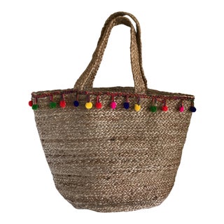 Boho Jute Large Basket Tote For Sale