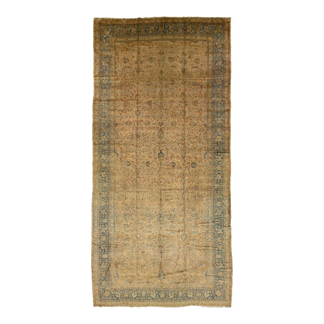 1880s Handmade Allover Floral Antique Persian Mashad Wool Rug in Light Brown For Sale
