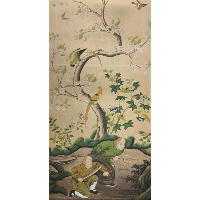 Chinoiserie Large Antique Chinese Chinoiserie Hand Painted Framed Wall Paper Panel For Sale - Image 3 of 12