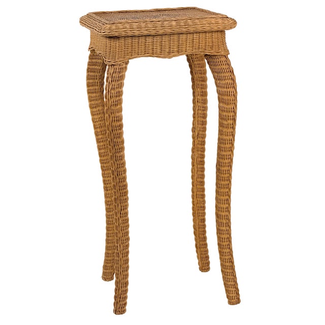 1960s Vintage 1960s Tall Wicker Plant Stand W/ Wavy Cabriole Legs / Palm Beach Regency Pedestal For Sale - Image 5 of 17