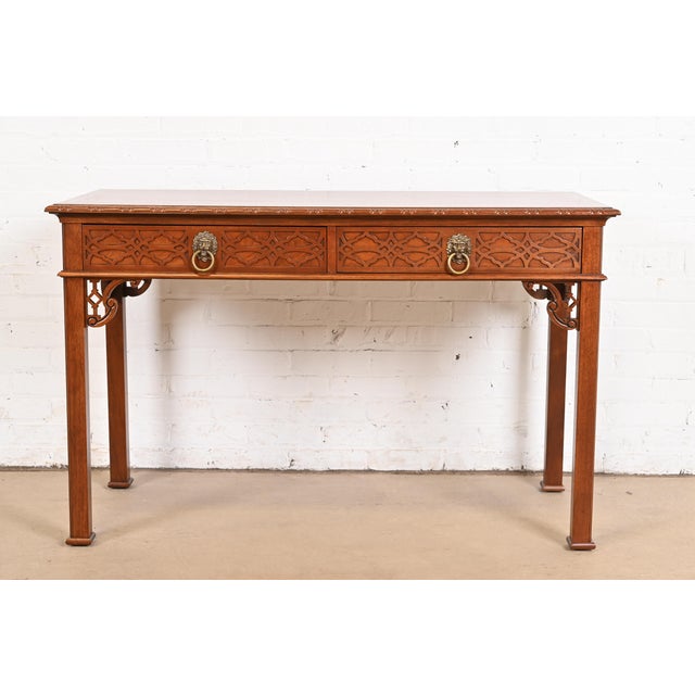 English Late 20th Century Baker Furniture Historic Charleston Georgian Carved Mahogany Writing Desk or Console Table For Sale - Image 3 of 12