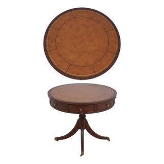 Ethan Allen Round Leather Top Mahogany Drum Table For Sale