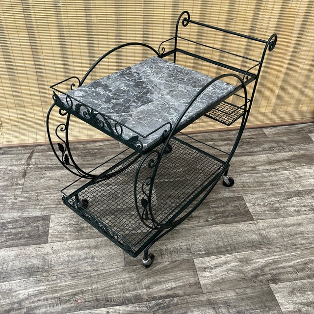 1960s Mid Century Wrought Iron Marble Top Patio Serving Cart in the Salterini Style. Circa 1960s For Sale - Image 5 of 17