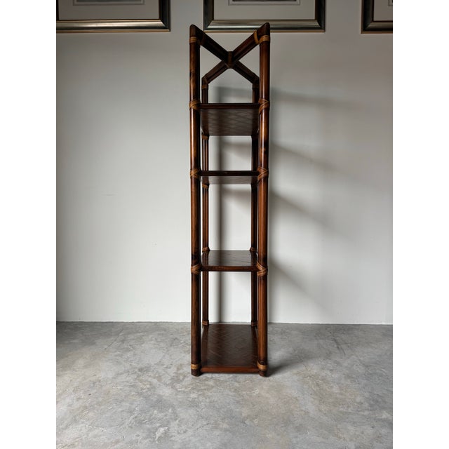 1970s Hollywood Regency Walnut & Rattan Four-Tier Étagère Shelf For Sale - Image 9 of 12