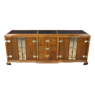 Mid-Century Fancher Chinoiserie Campaign Walnut Smoked Glass Buffet Credenza MCM For Sale