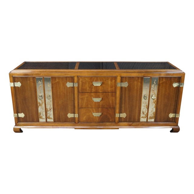 Mid-Century Fancher Chinoiserie Campaign Walnut Smoked Glass Buffet Credenza MCM For Sale