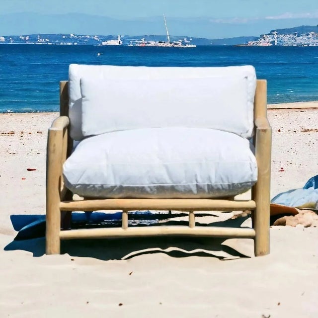 Wood Bali Patio Teak Olefin Cushion Outdoor Lounge Chair by Artesia For Sale - Image 7 of 8