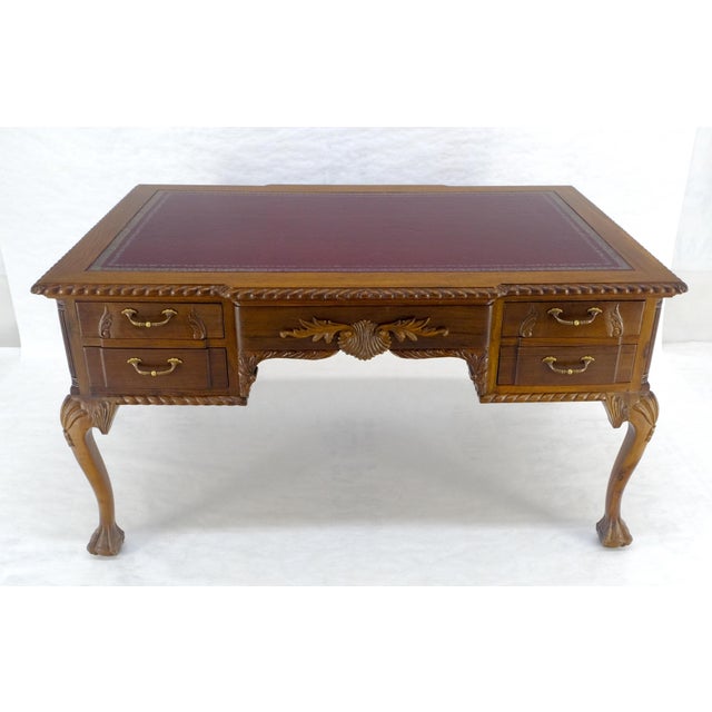 Carved Mahogany Leather Top Ball & Claw Writing Table Executive Desk MINT! For Sale - Image 10 of 18