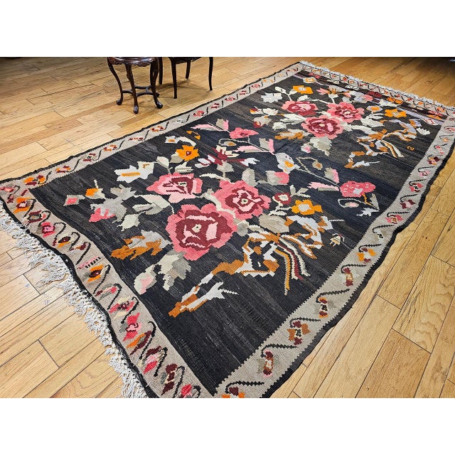 Mid 20th Century Vintage Caucasian Karabagh Kilim, Flat-Woven Wool, Allover Floral Pattern, Chocolate & Red, 7x13 For Sale - Image 5 of 15