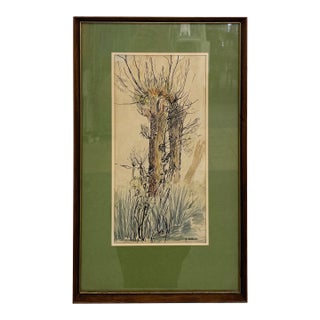 Vintage Signed Ink and Watercolor Landscape Drawing of Tree, Mid Century Framed Artwork For Sale