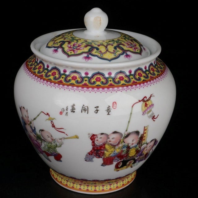 Ceramic Famille Rose Children Spring Celebration Porcelain Lidded Jar, Chinoiserie Canister For Sale - Image 7 of 8