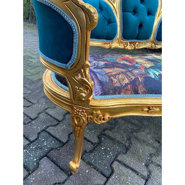 1970s French Louis XVI Blue Velvet Gilt Beechwood Corbeille Settee For Sale - Image 6 of 15