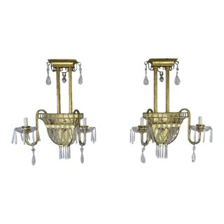 Pair of French Bronze and Rock Crystal 2-Light Sconces For Sale