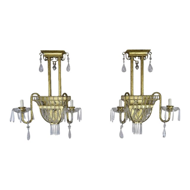 Pair of French Bronze and Rock Crystal 2-Light Sconces For Sale