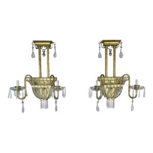Pair of French Bronze and Rock Crystal 2-Light Sconces