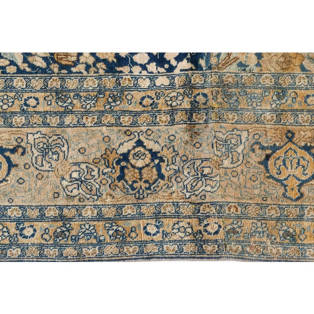 Textile Antique Persian Tabriz Floral Design Blue Handmade Wool Rug For Sale - Image 7 of 8