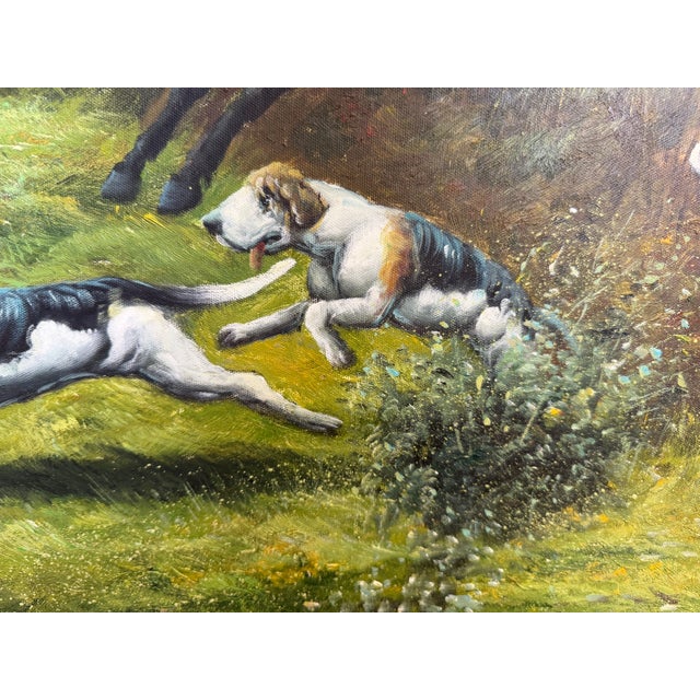 Huge Equestrian Fox Hunt Oil Painting, English Hunting Scene Art, Framed, Signed For Sale - Image 9 of 15