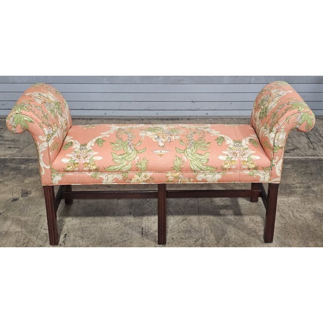 Wood Late 20th Century Hancock & Moore Mahognay Chippendale Style Window Bench Chinoiserie Fabric For Sale - Image 7 of 9
