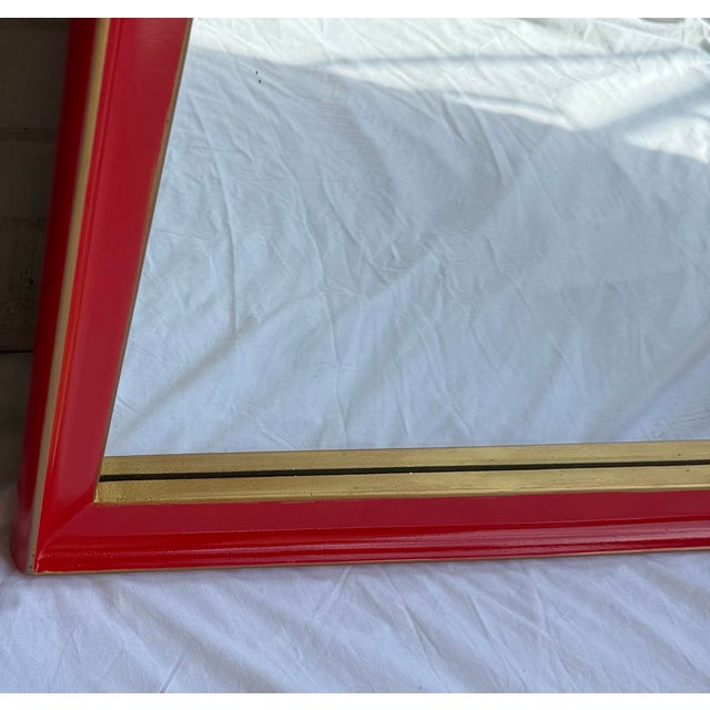 Late 20th Century Chic Vintage Mid-Century Arched Top Wall Mirrors in Red With Gilt Accent Newly Painted - A Pair For Sale - Image 5 of 9
