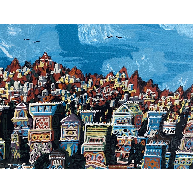 Folk Art Gabriel Cohen, Israeli Naive Art Screen Print Lithograph Jerusalem, Sanhedrin Old City Folk Art, 1983 For Sale - Image 3 of 10
