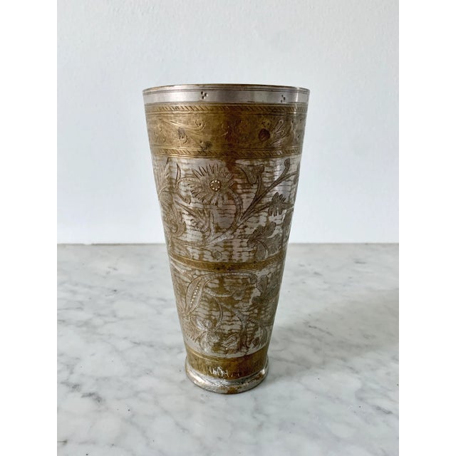 Metal Antique Indian Etched Brass Metal Lassi Cups or Vases, Pair For Sale - Image 7 of 13