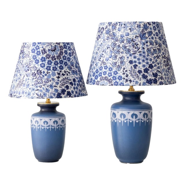 Vintage Blue and White Ceramic Table Lamps, 1970s, Set of 2 For Sale