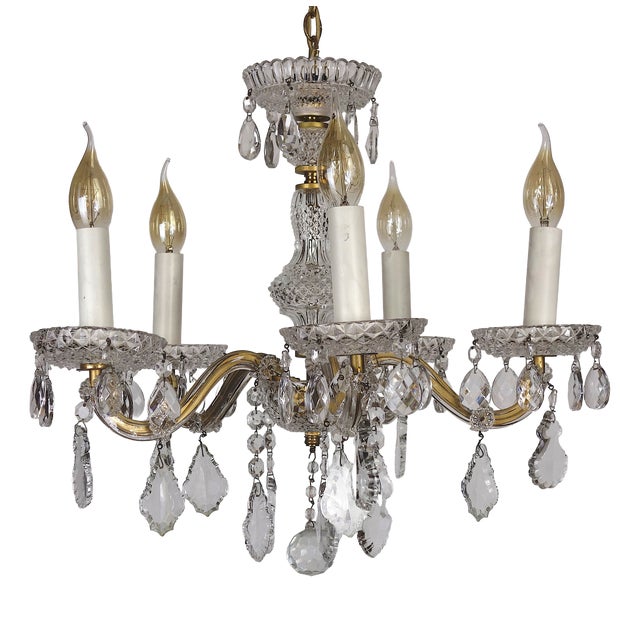 Antique Brass Lead Crystal Palme and Walter Chandelier from Palwa, 1950s For Sale
