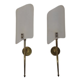 Mid-Century Italian Wall Lamps with Brass Frame and White Plastic Shades, 1960s, Set of 2 For Sale