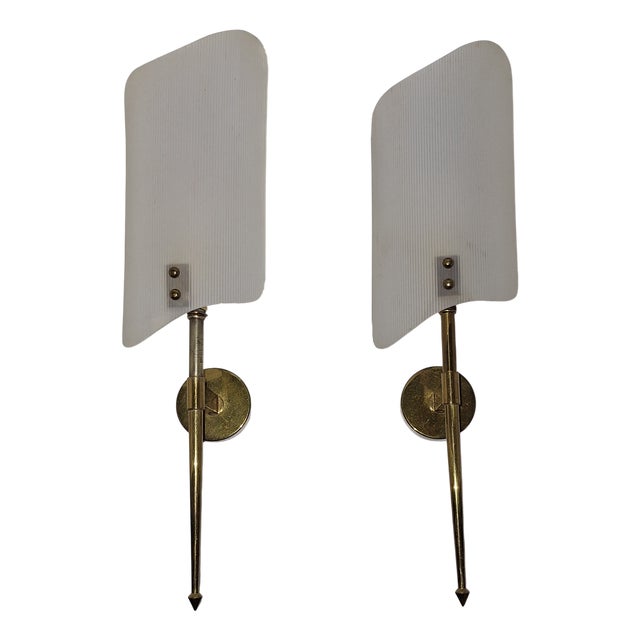 Mid-Century Italian Wall Lamps with Brass Frame and White Plastic Shades, 1960s, Set of 2 For Sale